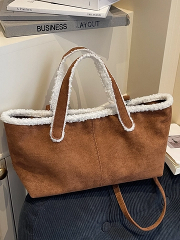 Dames Suède Textuur Onderarmtas Kunstlamswol Patchwork Grote Capaciteit Schoudertas Tote Tas Stedelijk Minimalistisch Casual