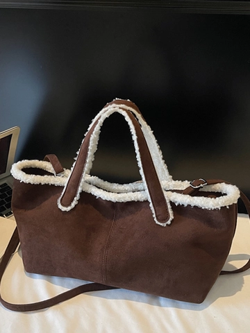 Dames Suède Textuur Onderarmtas Kunstlamswol Patchwork Grote Capaciteit Schoudertas Tote Tas Stedelijk Minimalistisch Casual