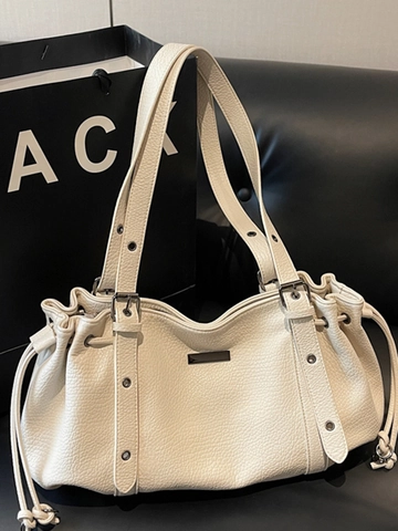 Retro PU Leather Large Capacity Tote Bag For Women Pleated Drawstring Underarm Shoulder Bag Litchi Texture Urban Casual Handbag
