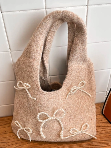 Women Knit Fabric Tote Bag Artificial Pearl Bow Minimalist Shoulder Bag Casual Daily Handbag Lightweight Knitted Purse