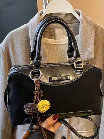 Retro Dames Suède Splicing PU Lederen Boston Tas Vintage Strik Schouder Crossbody Tas Met Verstelbare Riem Voor Dagelijkse Mode