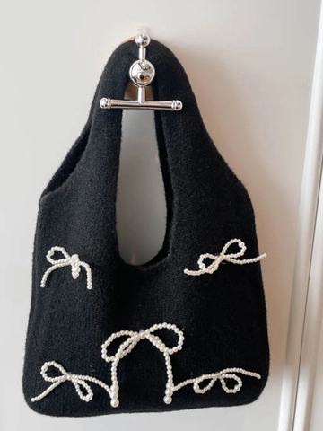 Women Knit Fabric Tote Bag Artificial Pearl Bow Minimalist Shoulder Bag Casual Daily Handbag Lightweight Knitted Purse