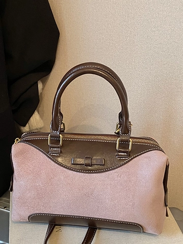 Retro Dames Suède Splicing PU Lederen Boston Tas Vintage Strik Schouder Crossbody Tas Met Verstelbare Riem Voor Dagelijkse Mode