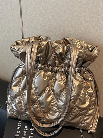 Quilted Puffer Shoulder Bag Women Metallic Glossy Drawstring Bucket Bag Soft Padded PU Tote Bag Casual Chic Winter Bag