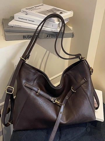 Vintage PU Leather Large Capacity Tote Bag Urban Simple Shoulder Bag For Women Daily Commuting Handbag Solid Color Retro Bag