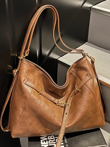 Vintage PU Leather Large Capacity Tote Bag Urban Simple Shoulder Bag For Women Daily Commuting Handbag Solid Color Retro Bag