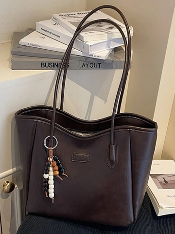 Große Kapazität PU Leder Tote Bag Vintage Minimalistische Umhängetasche Für Damen Schule Pendler Tasche Mit Perlenanhänger Mode Handtasche
