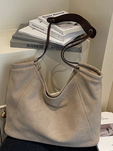 Sac Fourre-Tout en Suède Grande Capacité Femme Minimaliste Surpiqûres Fermeture Éclair Sac à Épaule pour Bureau Trajets Mode