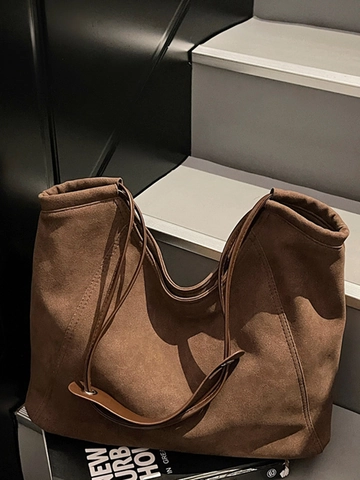 Sac Fourre-Tout en Suède Grande Capacité Femme Minimaliste Surpiqûres Fermeture Éclair Sac à Épaule pour Bureau Trajets Mode