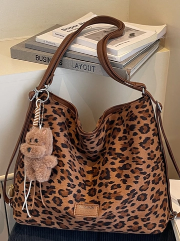 Women's Leopard Print Flannel Tote Bag Large Capacity Shoulder Bag With Plush Bear Pendant Casual Fashion Underarm Handbag