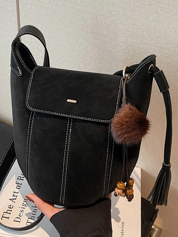 Borsa a Tracolla Minimalista Vintage in Flanella Smerigliata per Donna 2025 Inverno Nuova Borsa a Secchiello con Nappa