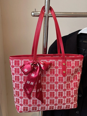 Borsa Tote Jacquard in Stile Cinese Doppia Felicità per Donna Tessuto Rosso Rosa Borsa a Tracolla Con Fiocco Regalo di Nozze