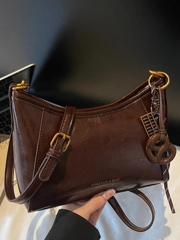 Bolso de Axila de Cuero PU Vintage para Mujer Gran Capacidad Minimalista Color Sólido Bolso de Hombro Elegante Con Colgante