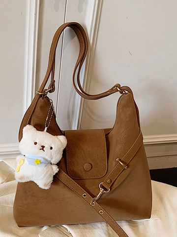 Korean Style Large Capacity PU Leather Shoulder Bag For Women Retro Tote Bag With Bear Charm Commuter Backpack Bag