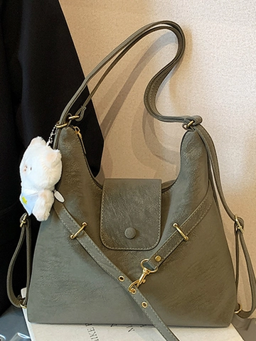 Korean Style Large Capacity PU Leather Shoulder Bag For Women Retro Tote Bag With Bear Charm Commuter Backpack Bag