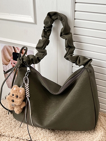 Sac à Épaule Nuage Plissé de Style Coréen pour Femmes Cuir PU de Haute Qualité Mode Grande Capacité Tote de Navette Avec Pendentif Ours Sac Hobo