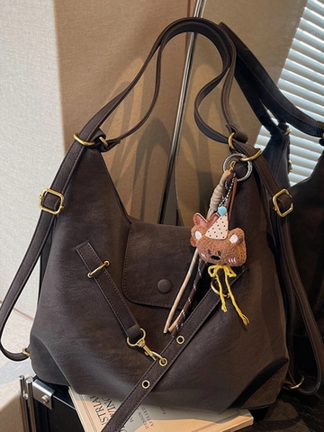 Γυναικεία Retro Τσάντα Tote από Δέρμα PU με Υφή Suede Μεγάλη Χωρητικότητα Vintage Τσάντα Ώμου με Κρεμαστό Αρκουδάκι