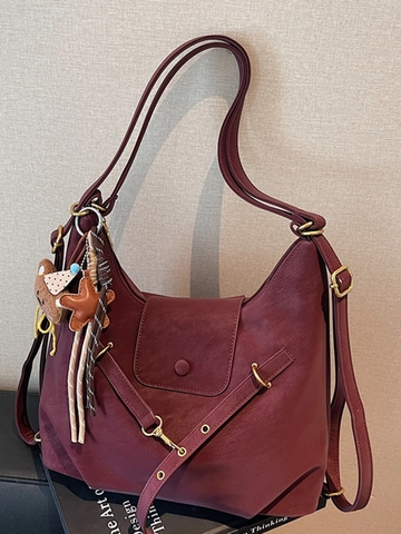 Γυναικεία Retro Τσάντα Tote από Δέρμα PU με Υφή Suede Μεγάλη Χωρητικότητα Vintage Τσάντα Ώμου με Κρεμαστό Αρκουδάκι