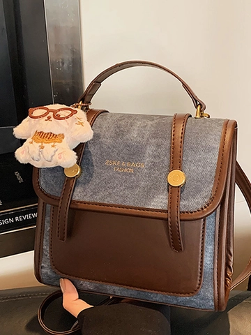 Sac à Dos Femme en Cuir PU Rétro Color Block Style Urbain Preppy Sac d'École Avec Joli Pendentif Chiot en Peluche