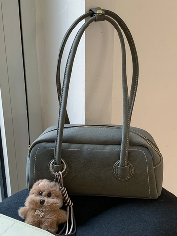 Bolso de Hombro Vintage de Cuero PU con Costuras en Contraste Bolso de Mano Cilíndrico con Colgante de Perro de Peluche Desmontable
