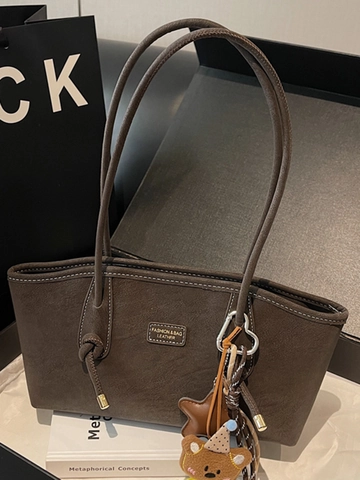 Women Retro PU Leather Underarm Shoulder Bag With Cute Bear Charm Fashion Contrast Stitching Commuting Daily Handbag Tote