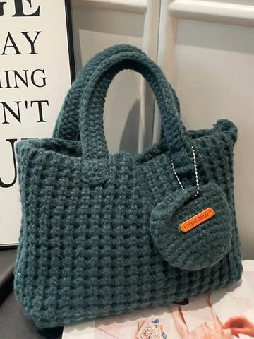 Borsa a Spalla Intrecciata a Mano all'Uncinetto da Donna Borsa Tote in Tessuto di Lana in Maglia Con Piccolo Ciondolo Rotondo
