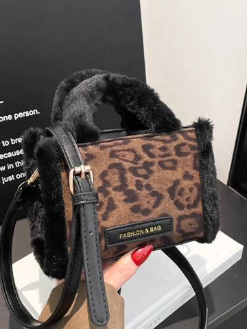 Vintage Leopardenmuster Schultertasche Für Damen Mit Kunstfellbesatz PU Leder Umhängetasche Mode Einfache Herbst Winter Handtasche