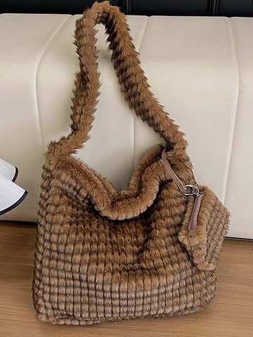 Sac Fourre-Tout en PU et Peluche Urbain Simple pour Femmes Grande Capacité Texture Gaufre Sac à Épaule Avec Pochette Automne Hiver
