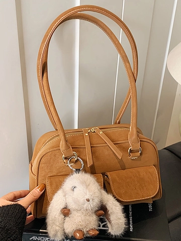 Vintage PU Leder Achsel Umhängetasche Für Damen Retro Kissentasche Große Kapazität Pendler Handtasche Mit Plüsch Hasen Anhänger