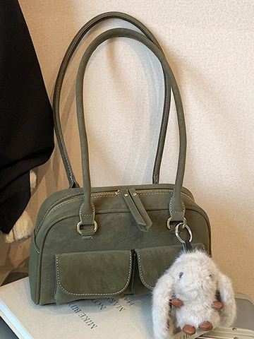 Vintage PU Leder Achsel Umhängetasche Für Damen Retro Kissentasche Große Kapazität Pendler Handtasche Mit Plüsch Hasen Anhänger