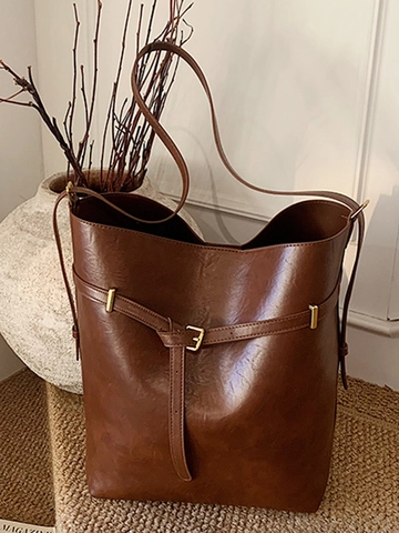 Women Large Capacity PU Leather Bucket Bag Fashion Minimalist Commuting Shoulder Bag With Small Pouch Vintage Solid Tote