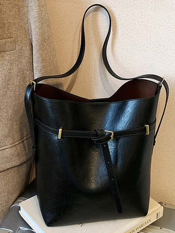 Women Large Capacity PU Leather Bucket Bag Fashion Minimalist Commuting Shoulder Bag With Small Pouch Vintage Solid Tote