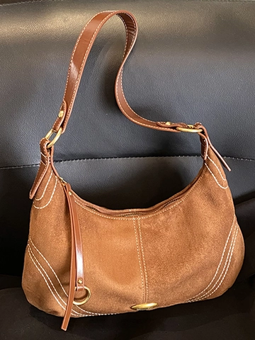 Dames Vintage Suède Okseltas Grote Capaciteit Hobo Tas Contraststiksel Commuter Rits Schoudertas Bruin Koffie