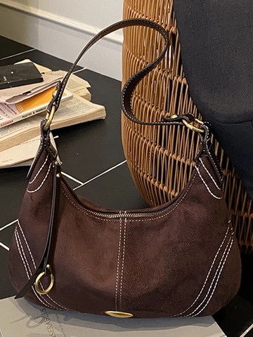 Dames Vintage Suède Okseltas Grote Capaciteit Hobo Tas Contraststiksel Commuter Rits Schoudertas Bruin Koffie