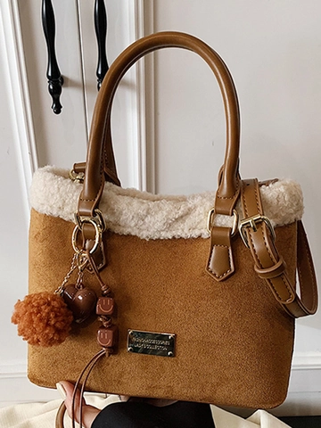 Women Plaid Plush Bucket Bag Winter Faux Sheep Wool Trim Handbag Contrast Color Patchwork Crossbody Bag Casual Daily Shoulder Bag