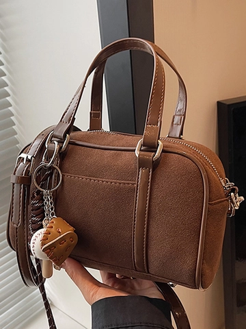 Borsa Bowling da Donna Vintage in Camoscio Patchwork Borsa a Tracolla Minimalista Casual Con Ciondolo da Baseball Borsa Boston Retro