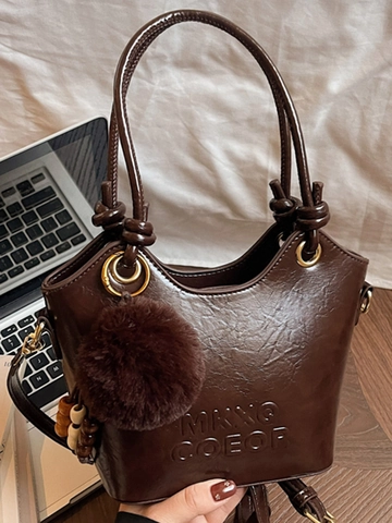 Korean Vintage Glossy PU Leather Bucket Bag For Women Niche Design Crossbody Shoulder Bag With Fur Ball Pendant Top Handle Bag