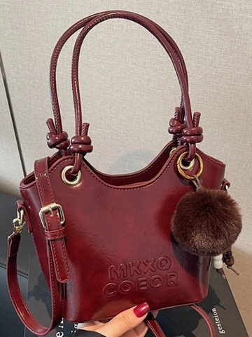 Korean Vintage Glossy PU Leather Bucket Bag For Women Niche Design Crossbody Shoulder Bag With Fur Ball Pendant Top Handle Bag