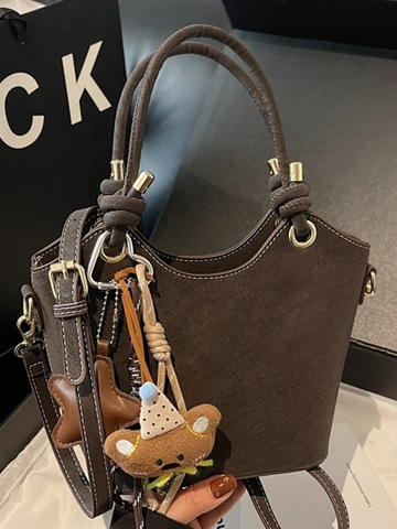 Women PU Leather Bucket Bag Suede Texture Contrast Stitching Crossbody Handbag Knot Handle Bear Star Charms Urban Fashion