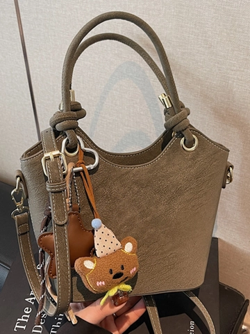 Women PU Leather Bucket Bag Suede Texture Contrast Stitching Crossbody Handbag Knot Handle Bear Star Charms Urban Fashion