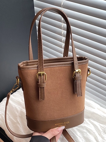 Vintage Dames Emmer Tas Contrastkleur PU Kunstsuède Schoudertas Verstelbare Riem Veelzijdige Handtas Stedelijke Stijl