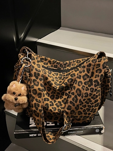 Vintage Leopardenmuster Flanell Schultertasche Für Damen Großes Fassungsvermögen Tragetasche Mit Plüschbär-Anhänger Handtasche
