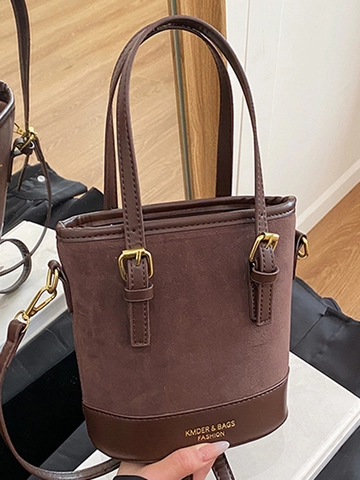 Vintage Dames Emmer Tas Contrastkleur PU Kunstsuède Schoudertas Verstelbare Riem Veelzijdige Handtas Stedelijke Stijl
