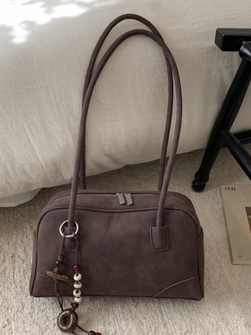 Retro Minimalist Frosted PU Leather Shoulder Bag For Women Fashion Beaded Charm Underarm Bag Vintage Casual Work Handbag