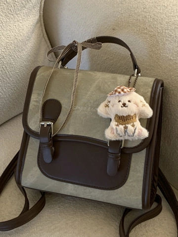 Dames Retro Britse Stijl Mode Rugzak PU Leder Contrast Kleur Stiksels Handtas Met Pluche Hond Hanger Lint Strik
