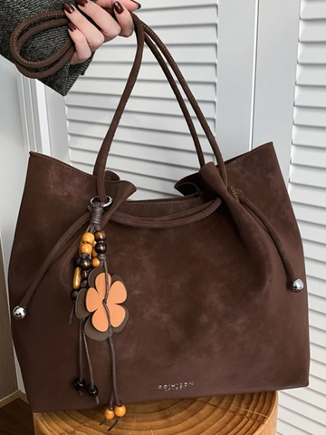 Large Capacity Suede PU Leather Tote Bag For Women Urban Minimalist Shoulder Bag With Floral Charm Versatile Daily Handbag