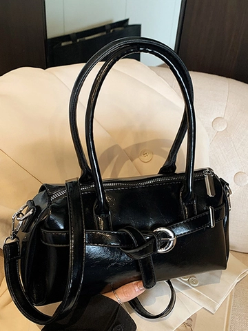 Retro PU Leather Underarm Bag For Women Glossy Shoulder Bag Fashion Solid Color Handbag With Decorative Buckle Commuter Purse