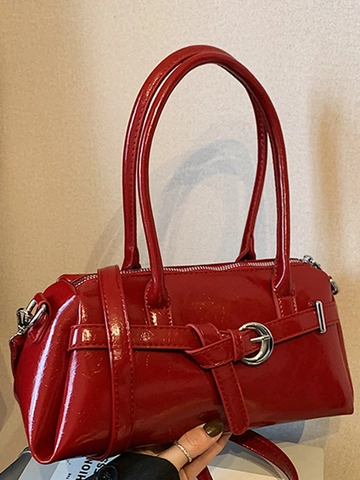 Retro PU Leather Underarm Bag For Women Glossy Shoulder Bag Fashion Solid Color Handbag With Decorative Buckle Commuter Purse
