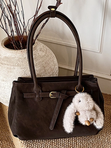 Dames Retro PU Leren Tote Bag Grote Capaciteit Minimalistische Schoudertas Met Pluche Konijn Hanger Urban Daily Tas
