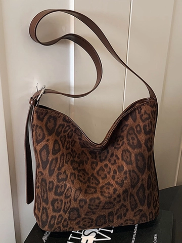 Sac à Épaule en Daim à Imprimé Léopard Vintage Grande Capacité Sac Cabas Retro Simple pour Femme Mode Décontractée Quotidienne